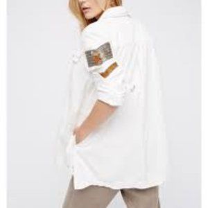 Free People Distressed Military WHITE Shirt Jacket with Embellishments, SizeXL